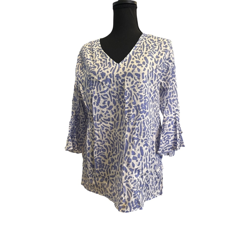 LaRoque Original Womens Blue White Abstract Print V-Neck Bell Sleeve Tunic OS